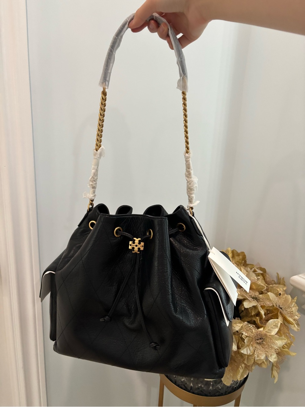 Tory Burch Large Charlie Quilted Leather Drawstring Shoulder Bag